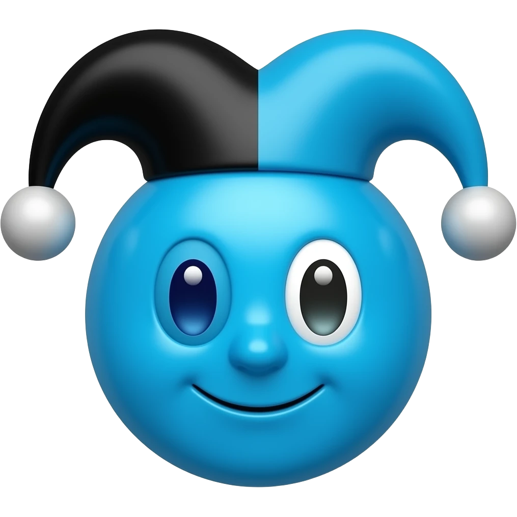make a blue cute circle with a face with one eye dark blue and one white with a black and blue jester hat on top of it.addd a smile emoji