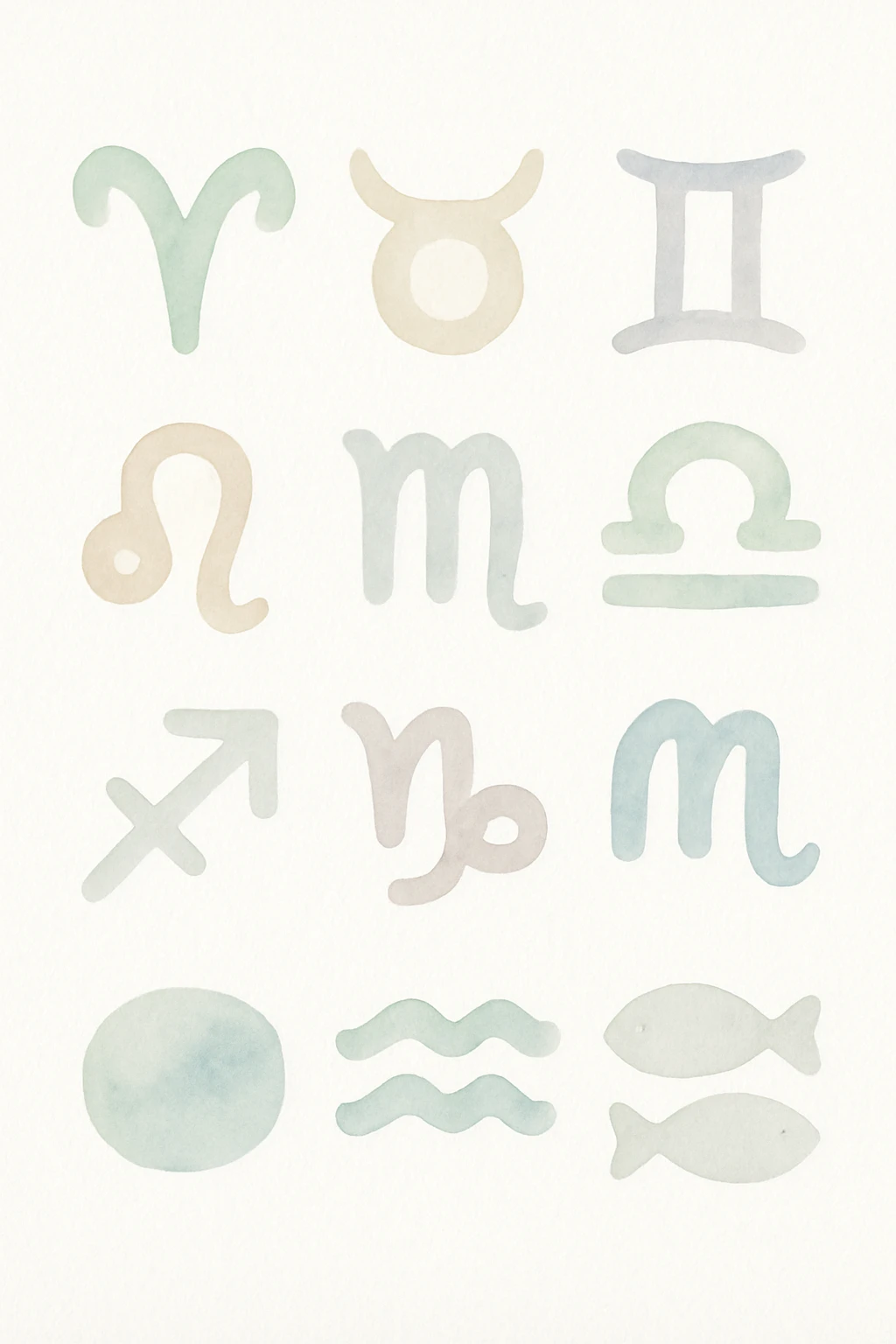 zodiac sign icons, watercolor art style, soft colors, artistic brush strokes emoji