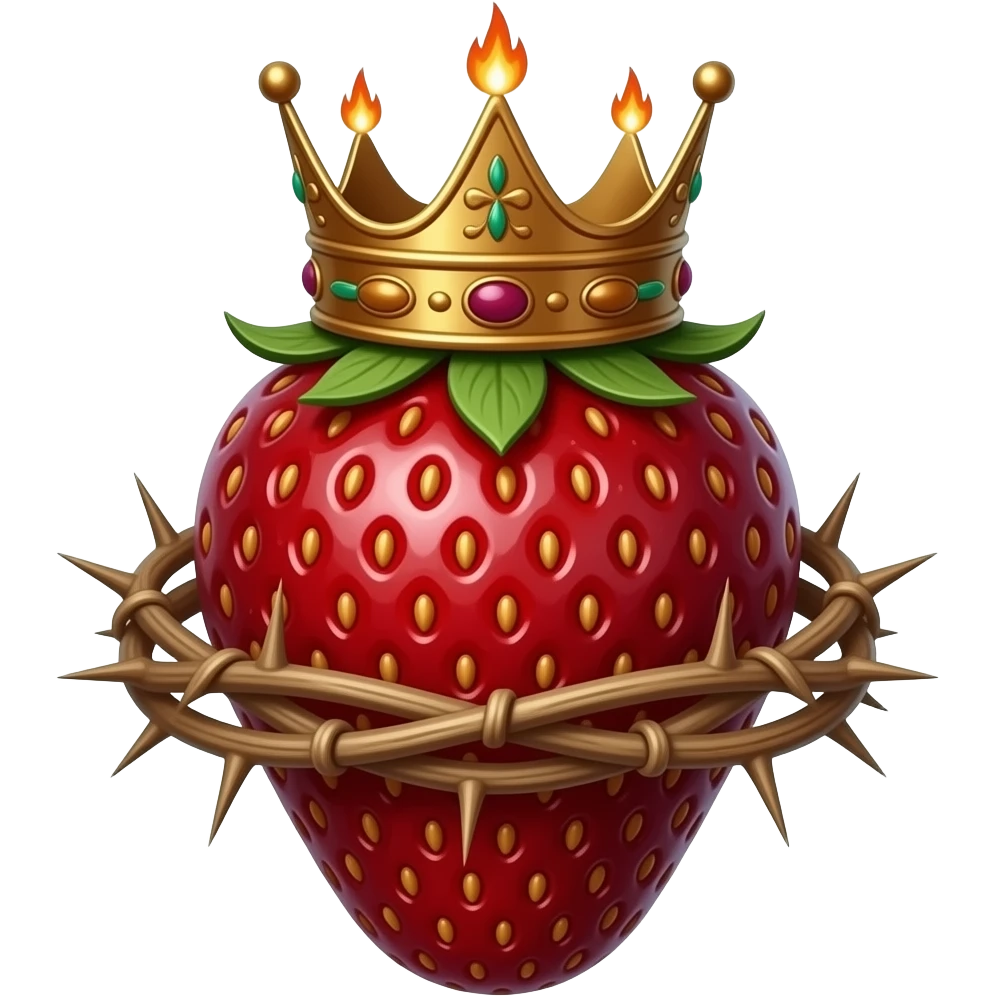 cinematic realistic -a dark strawberry with a rusty, richly decorated English royal crown on top that is flaming. A crown of thorns is wrapped around the strawberry's body that is spinning around its body emoji