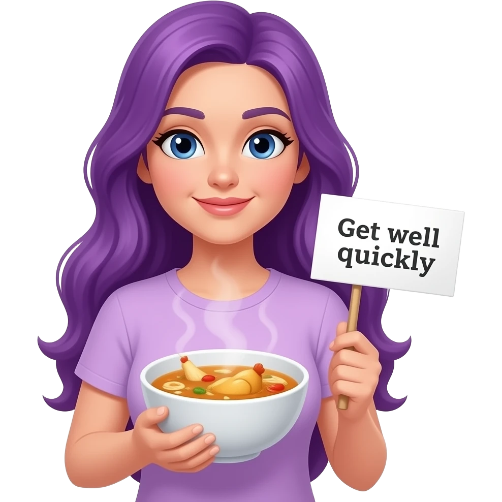 sexy girl with long purple hair holding a chicken soup and a wish WERD SCHNELL WIEDER GESUND sign emoji