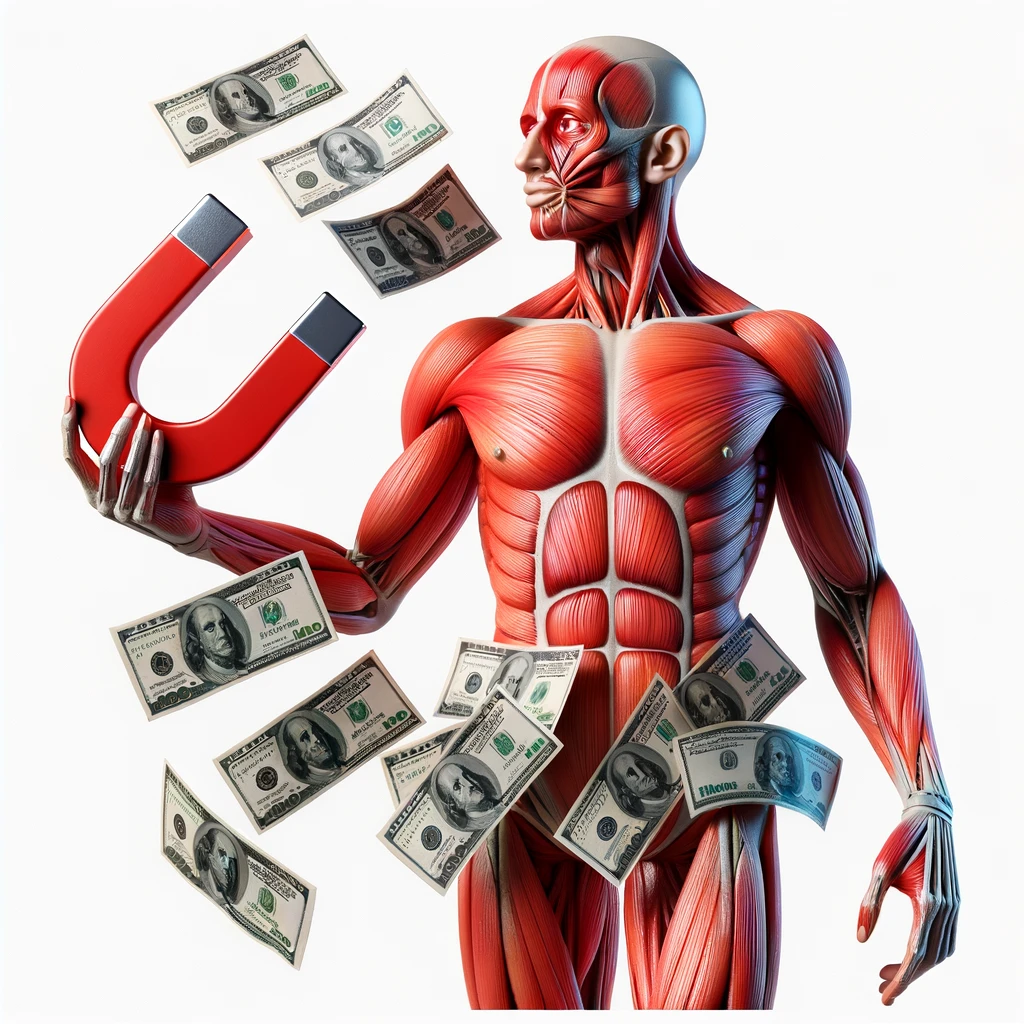 corpo umano anatomico con calamita rossa in mano che attira banconote, iperrealistica 4k, isolato su sfondo bianco emoji