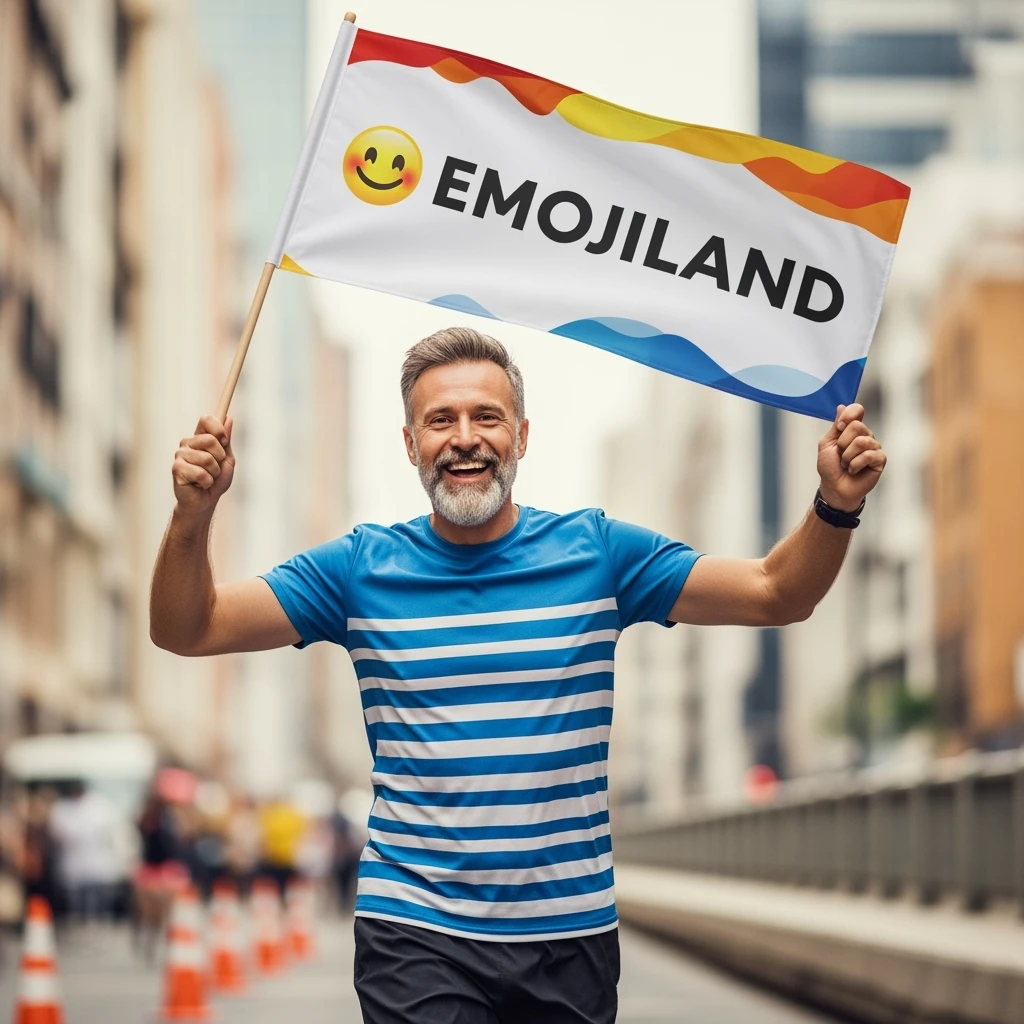 happy runner waving a flag that says 'emojiland' emoji
