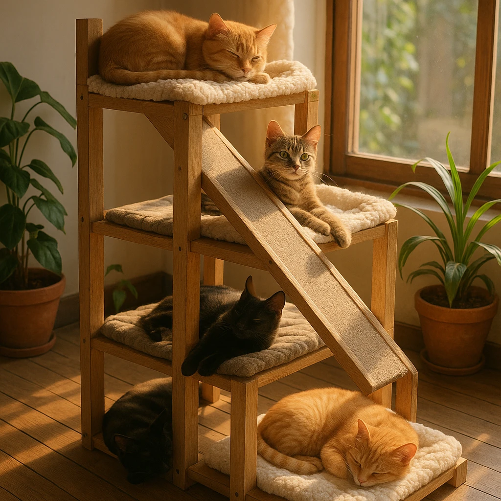 cats relaxing in a vertical playhouse emoji