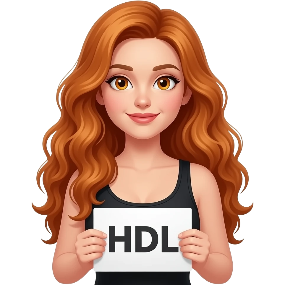 sexy girl with long wavy ginger hair and ginger eyes wearing a black tanktop is holding a white sign with HDL written on it emoji