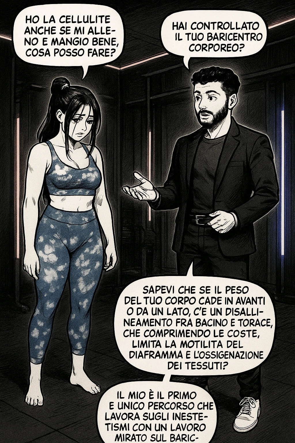 TRASFORMA QUESTO CAROSELLO IN UN FUMETTO STILE MANGA CON QUESTE DUE PERSONE IDENTICHE CHE INTERLOQUISCONO TRA LORO:

LEI: Ho la cellulite anche se mi alleno e mangio bene, cosa posso fare?

LUI: Hai controllato il tuo baricentro corporeo?
LUI: Sapevi che se il peso del tuo corpo cade in avanti o da un lato, c’è un disallineamento fra bacino e torace, che comprimendo le coste, limita la motilità del diaframma e l’ossigenazione dei tessuti?
LUI: Il mio è il primo e unico percorso che lavora sugli inestetismi con un lavoro mirato sul baricentro corporeo. emoji