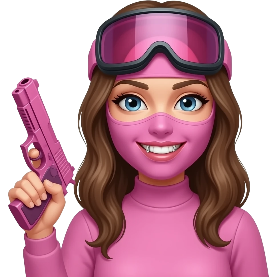 Smiley face woma with grillz, wearing a pink ski mask. holding a pink gun emoji