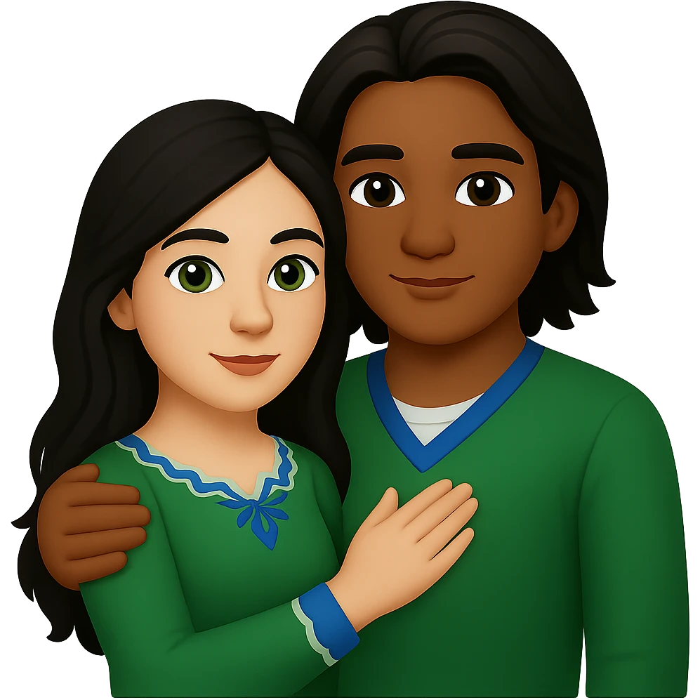 Edit the image in apple emoji style with no background. Change the man to have a darker skin tone, short hair, and brown eyes. Keep the woman with long dark hair and green eyes. Depict a young Métis man and young white woman holding each other affectionately. emoji