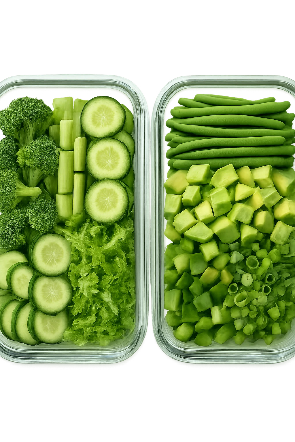 verdure tagliate e sistemate in due schiscette di vetro viste dall'alto, iperrealistico 4k emoji
