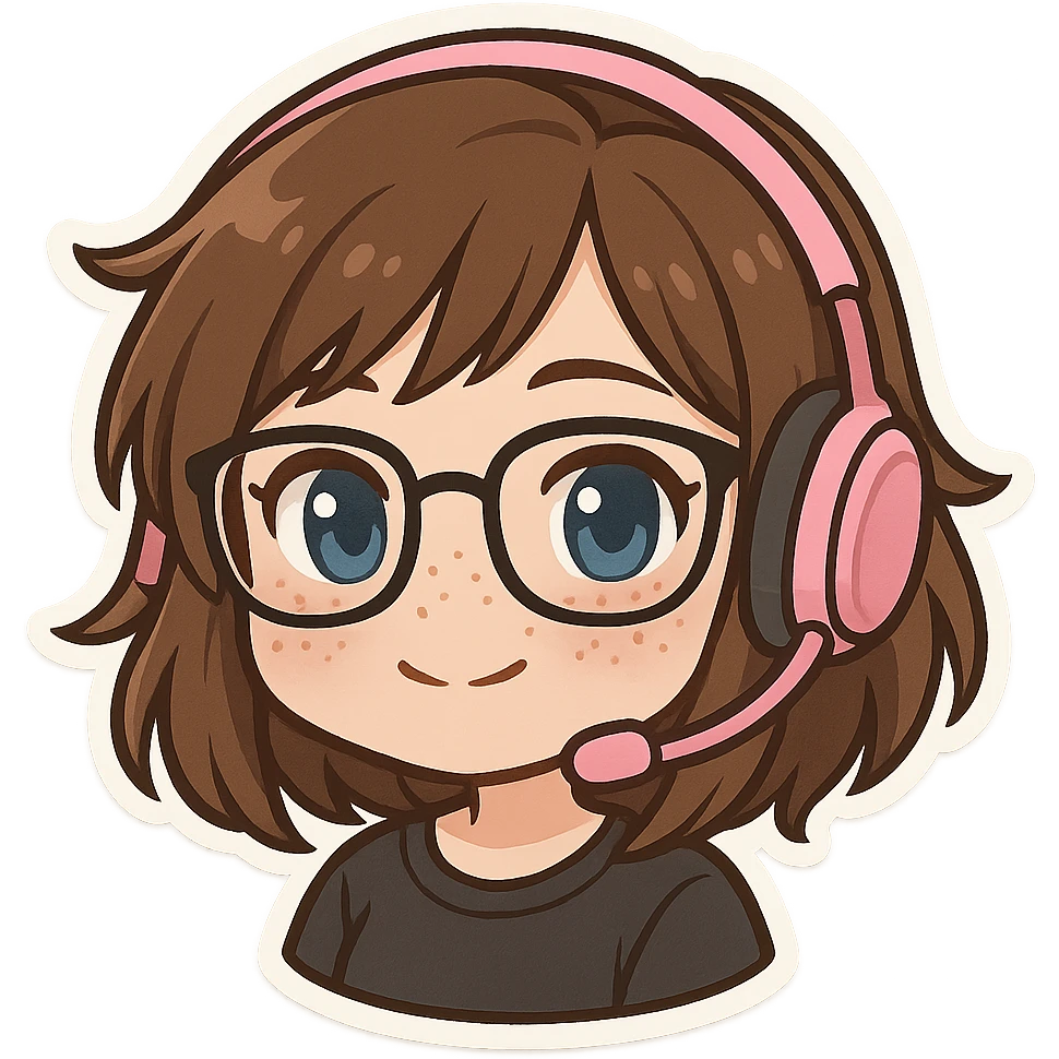 chibi woman with shoulder length choppy brown hair, pink gaming headset, freckles, glasses, and blue eyes emoji