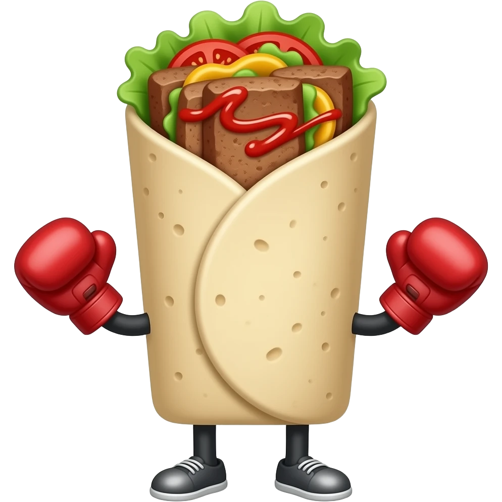 Doner kebab emoji in an open flatbread (not wrapped like a dürüm), visible filling with layered meat slices, lettuce, tomato and sauce, bread folded but open at the top, small boxing gloves, no arms or legs, clean glossy emoji style emoji