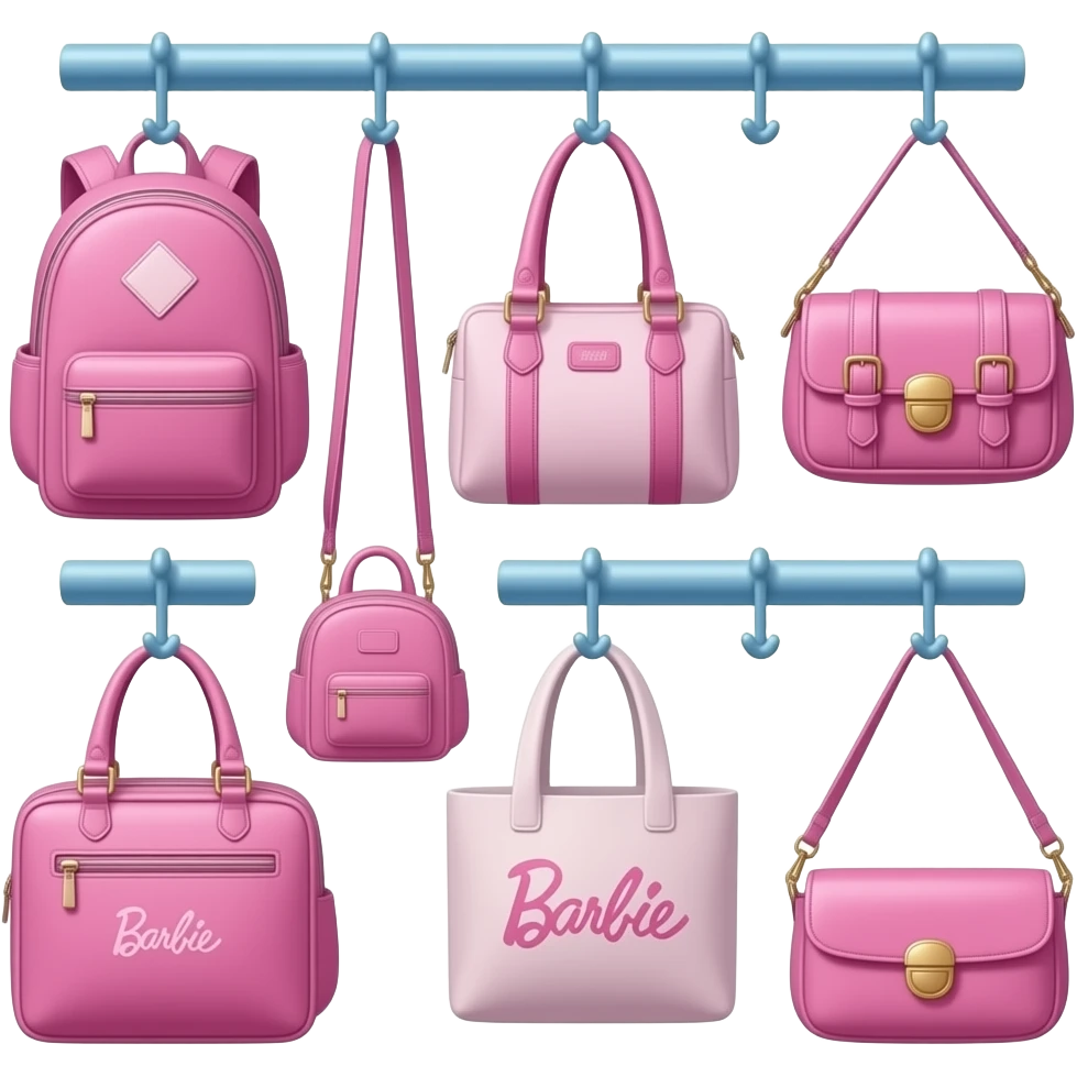 pink, blue, a hanging bag rack  filled with a variety of bags including backpacks, handbags, shoulder bags, mini bags, tote bags, and crossbody bags inspired by Barbie colour palette emoji