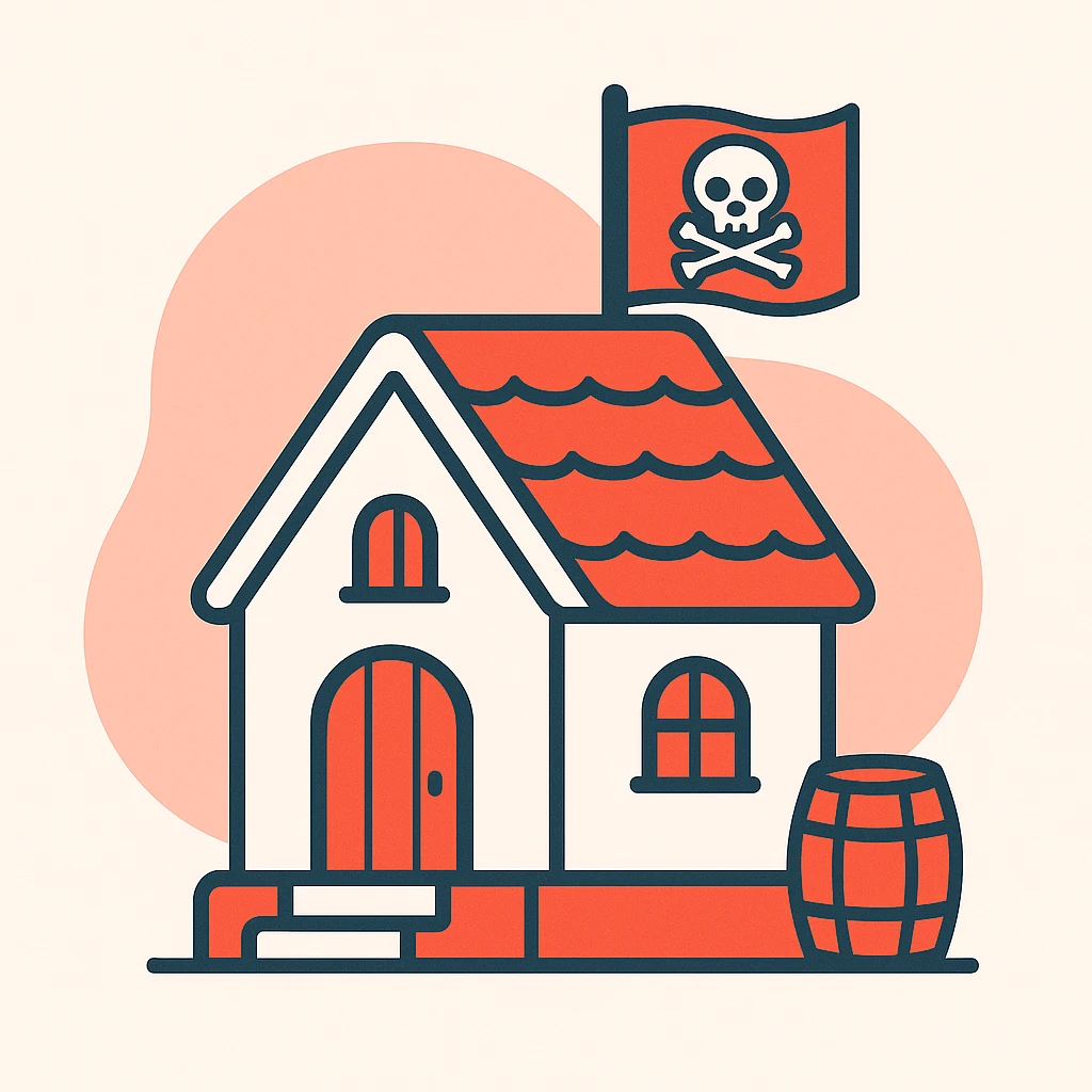 old pirate's house with skull flag emoji