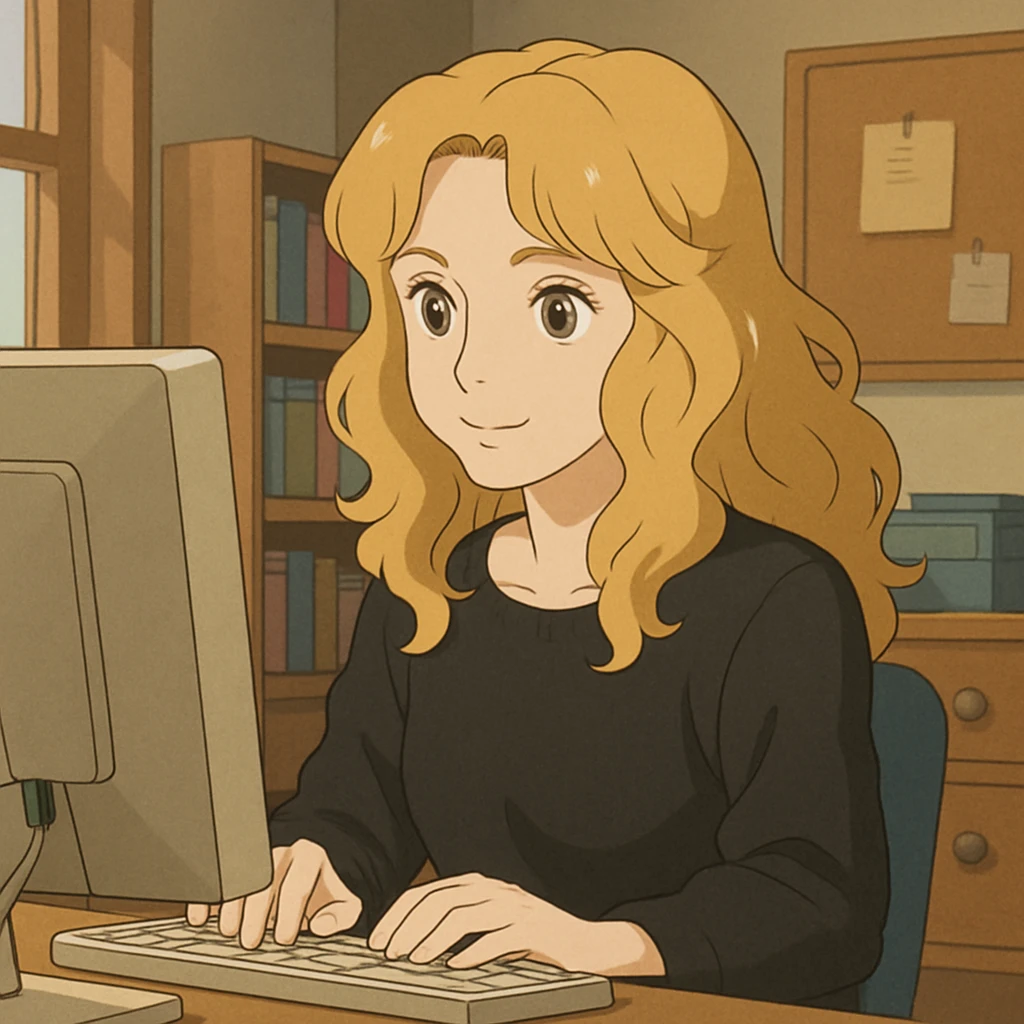 pretty brown-eyed blonde young woman with wavy hair, wearing a black sweater, working on a computer in a cozy office emoji