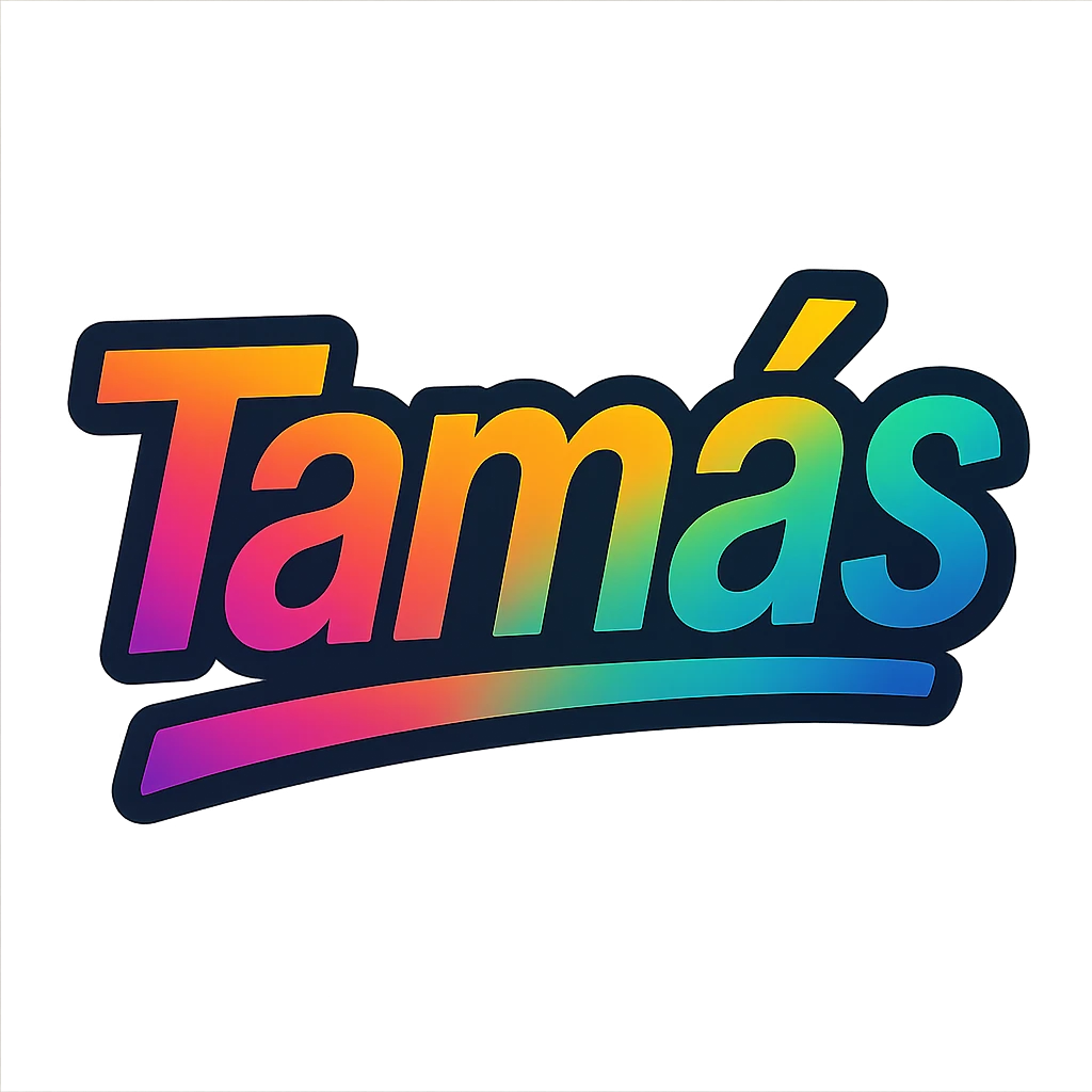 The name 'Tamás' in a modern, colorful gradient font with a dark outline, on a transparent background, with the name underlined or partially underlined with a dynamic, slanted underline, in the style of the sample images. emoji
