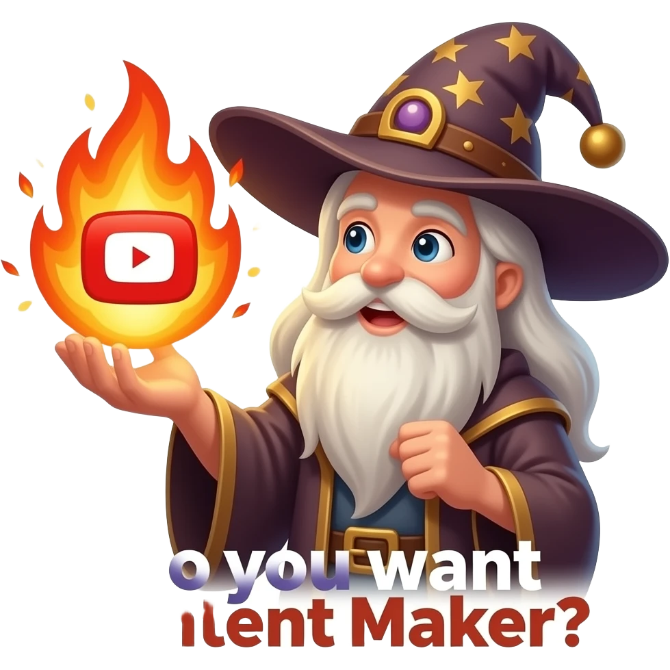 A wizard’s hand holding a glowing, magical YouTube logo like a fire spell.  text "Do you want Content Maker?". High fantasy, mystical particles, clean white background, sticker style emoji