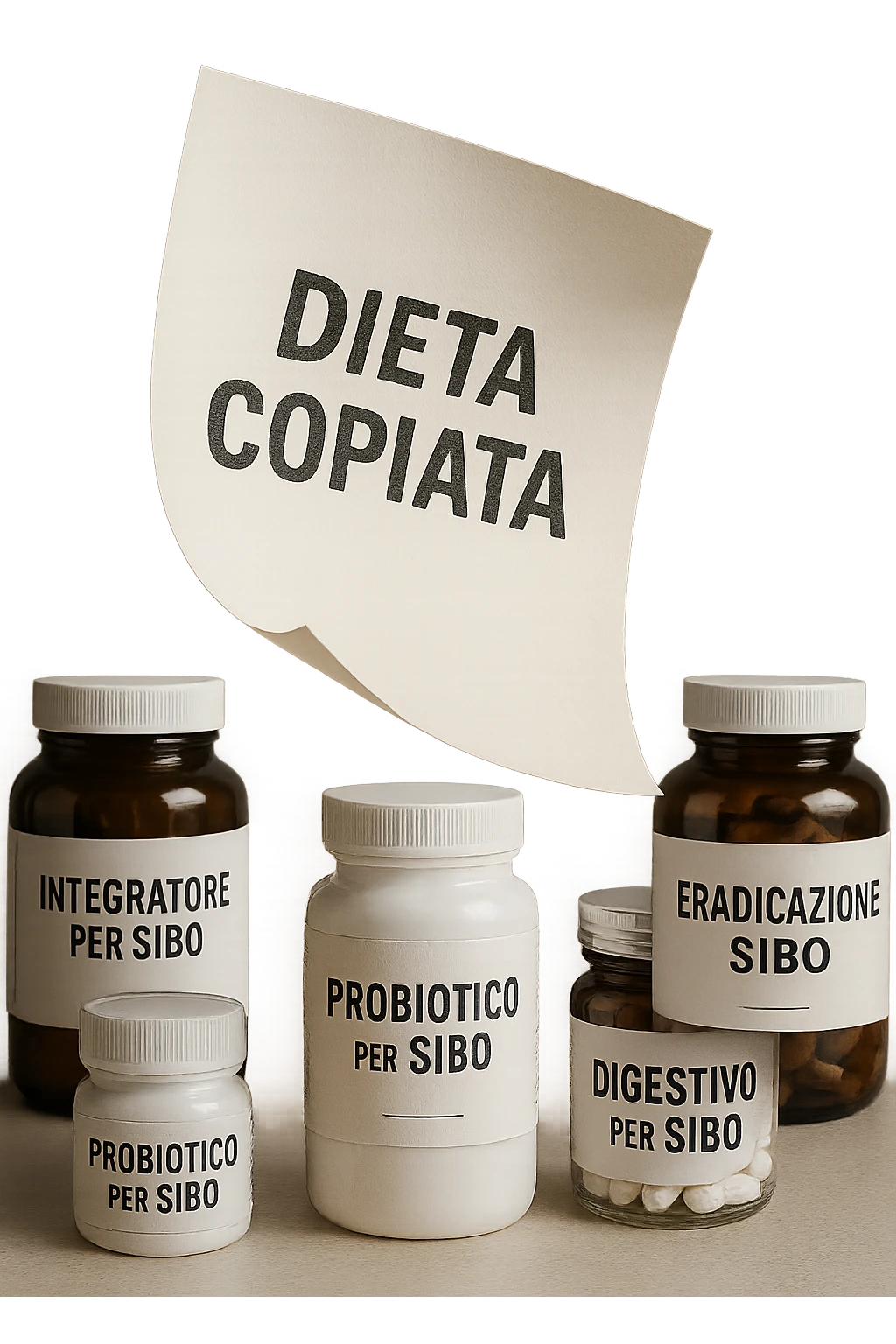 FOGLIO DI CARTA FLUTTUA IN ARIA CON LA SCRITTA "DIETA COPIATA", INSIEME A BARATTOLI DI INTEGRATORI PER CURARE IL SIBO IN ITALIANO, IPERREALISTICO 4K, NON DISEGNATO emoji