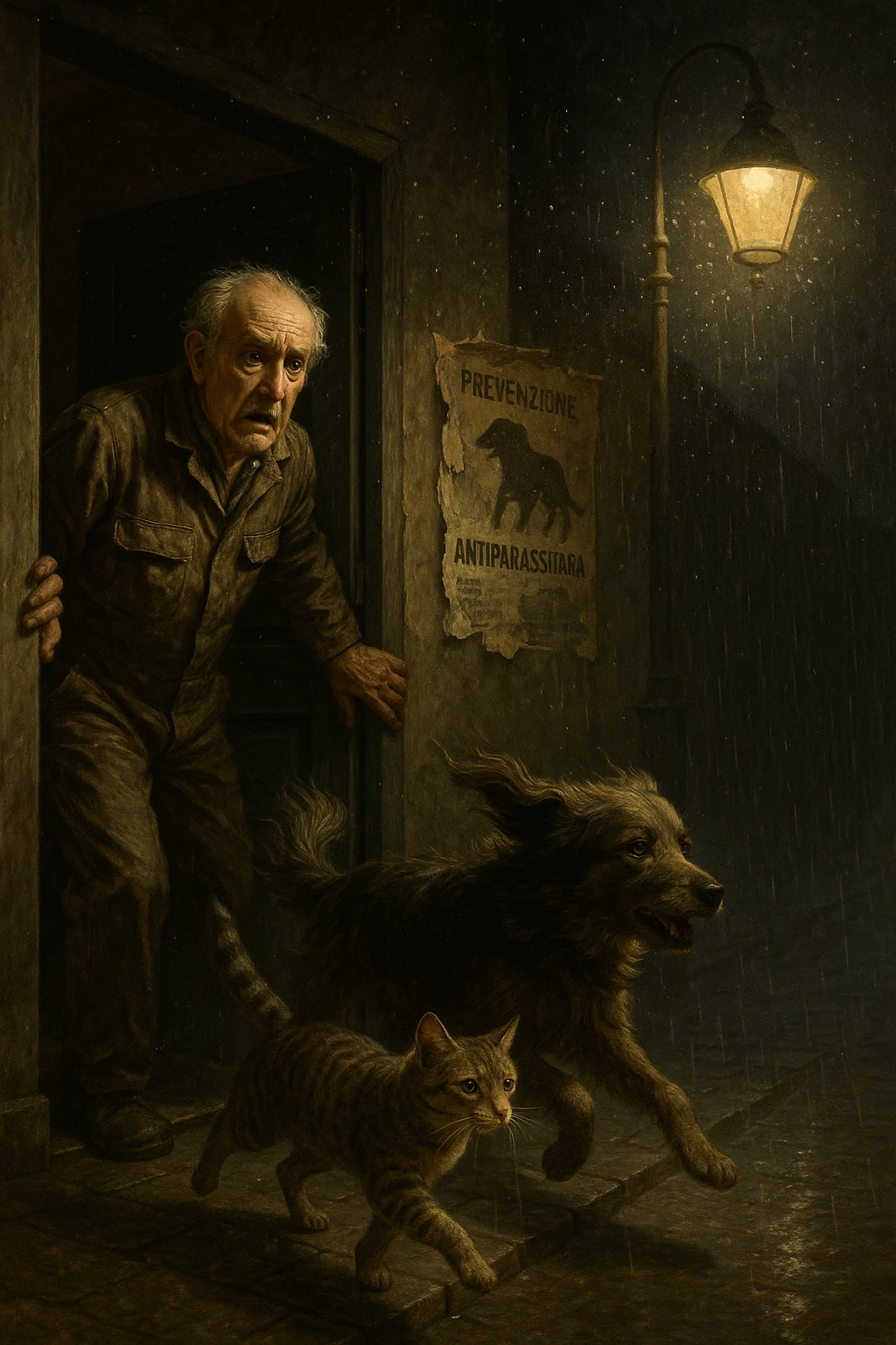 Un uomo anziano in tuta da lavoro, con espressione angosciata, tiene aperta la porta di casa mentre il suo cane (un meticcio a pelo lungo) e il gatto (soriano) scappano nella strada buia sotto la pioggia. Particelle di polvere/pulci fluttuano nell'aria illuminata dal lampione. Sullo sfondo, un poster strappato del veterinario con scritto 'Prevenzione antiparassitaria'. Stile fotorealistico, illuminazione Caravaggesca, toni grigi e ocra. in italiano emoji