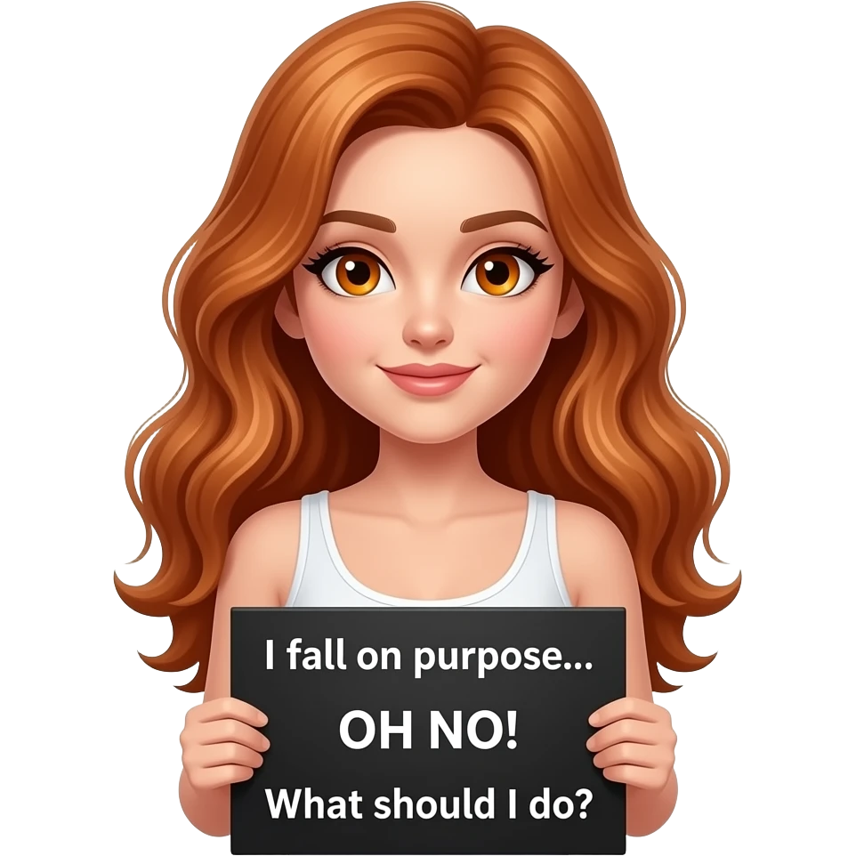 sexy girl with long wavy ginger hair and ginger eyes wearing a white tanktop is holding a black colored sign with I fall on purpose... OH NO! What should I do? written on it emoji