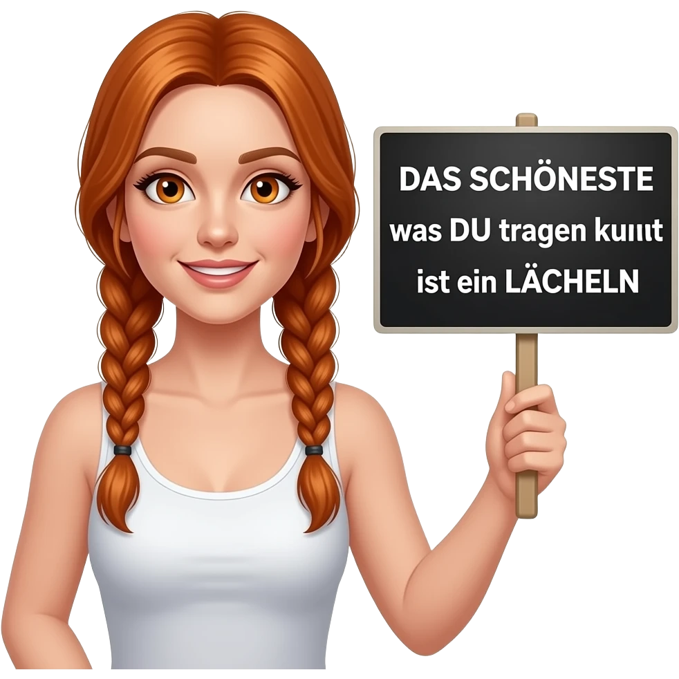 sexy girl with long ginger braids and ginger eyes wearing a white tanktop is holding a black sign with DAS SCHÖNSTE was DU tragen kannst ist ein LÄCHELN written on it emoji
