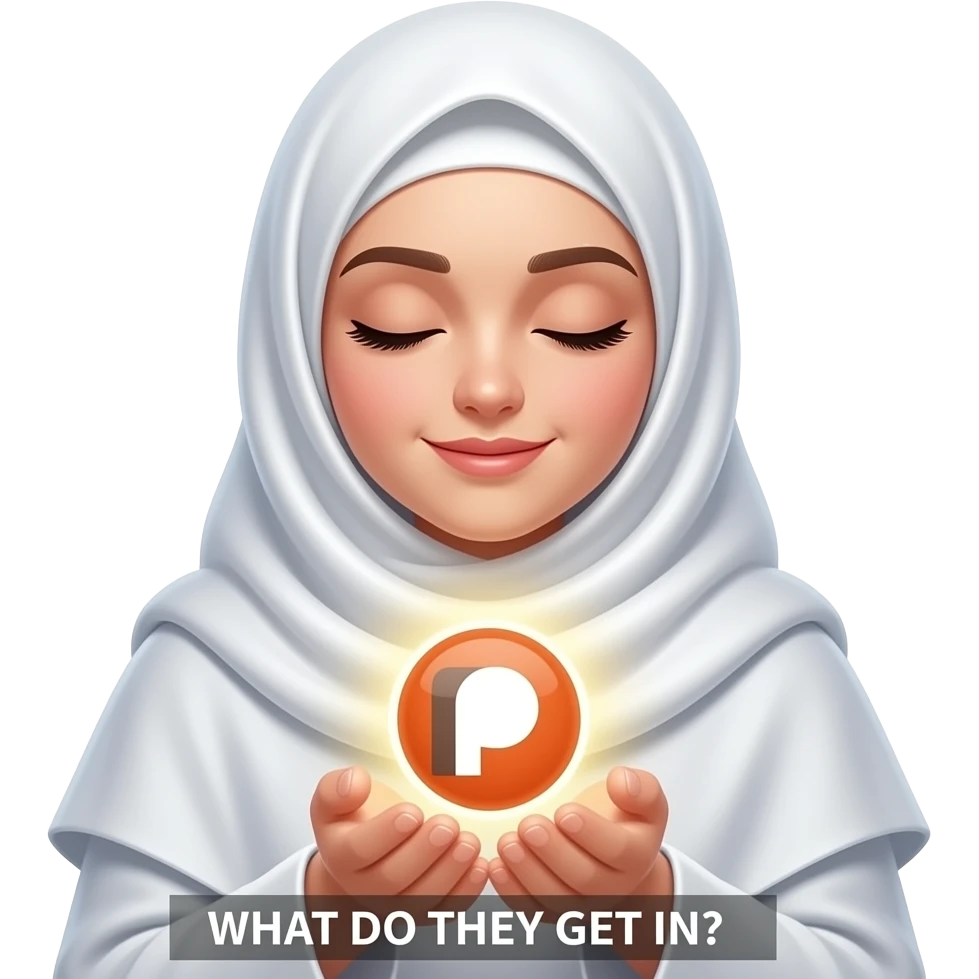 An ethereal Muslim woman, closed eyes, wearing a soft white satin hijab, gently cupping a luminous Patreon icon made of liquid light. Text: 'WHAT DO THEY GET IN?'. Isolated on white, magical stardust, 3D icon style emoji