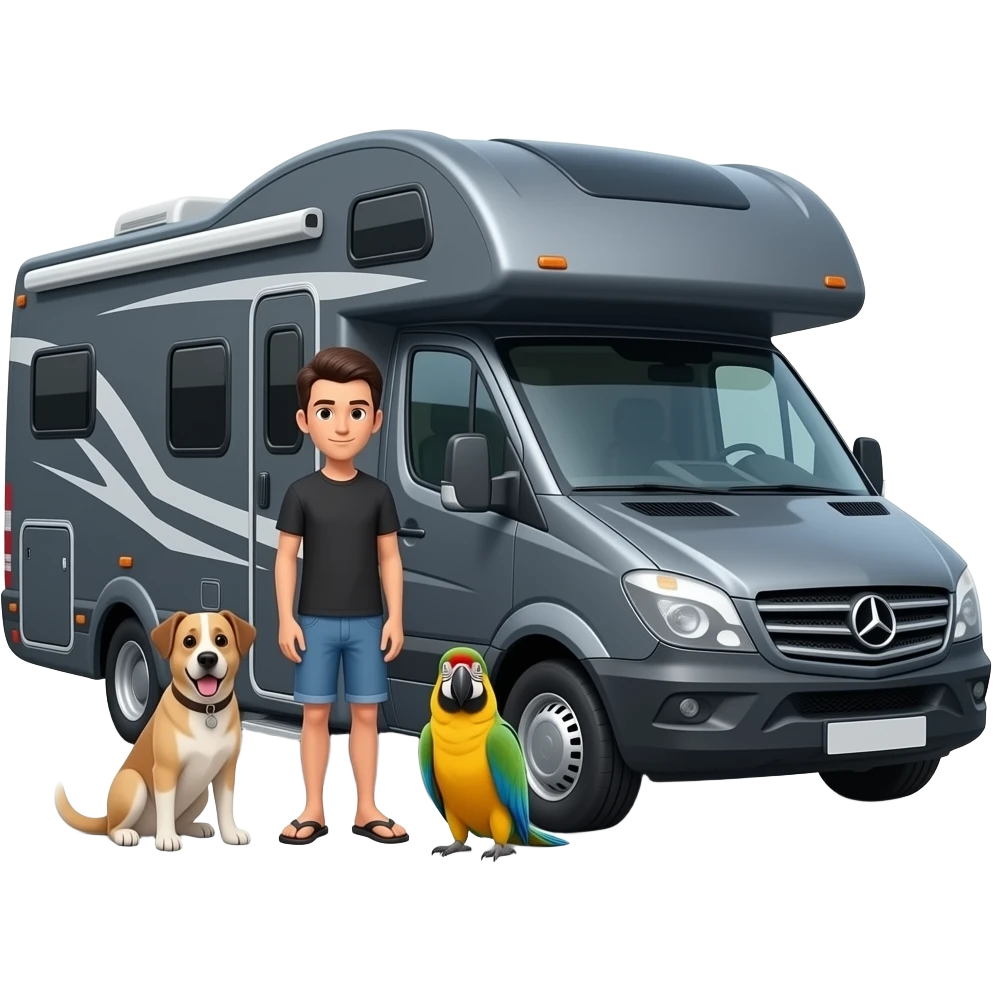 Slim very short dark haired man in shorts and flip flops standing next to a dark grey Mercedes low roof style rv with a dog and parrot emoji emoji
