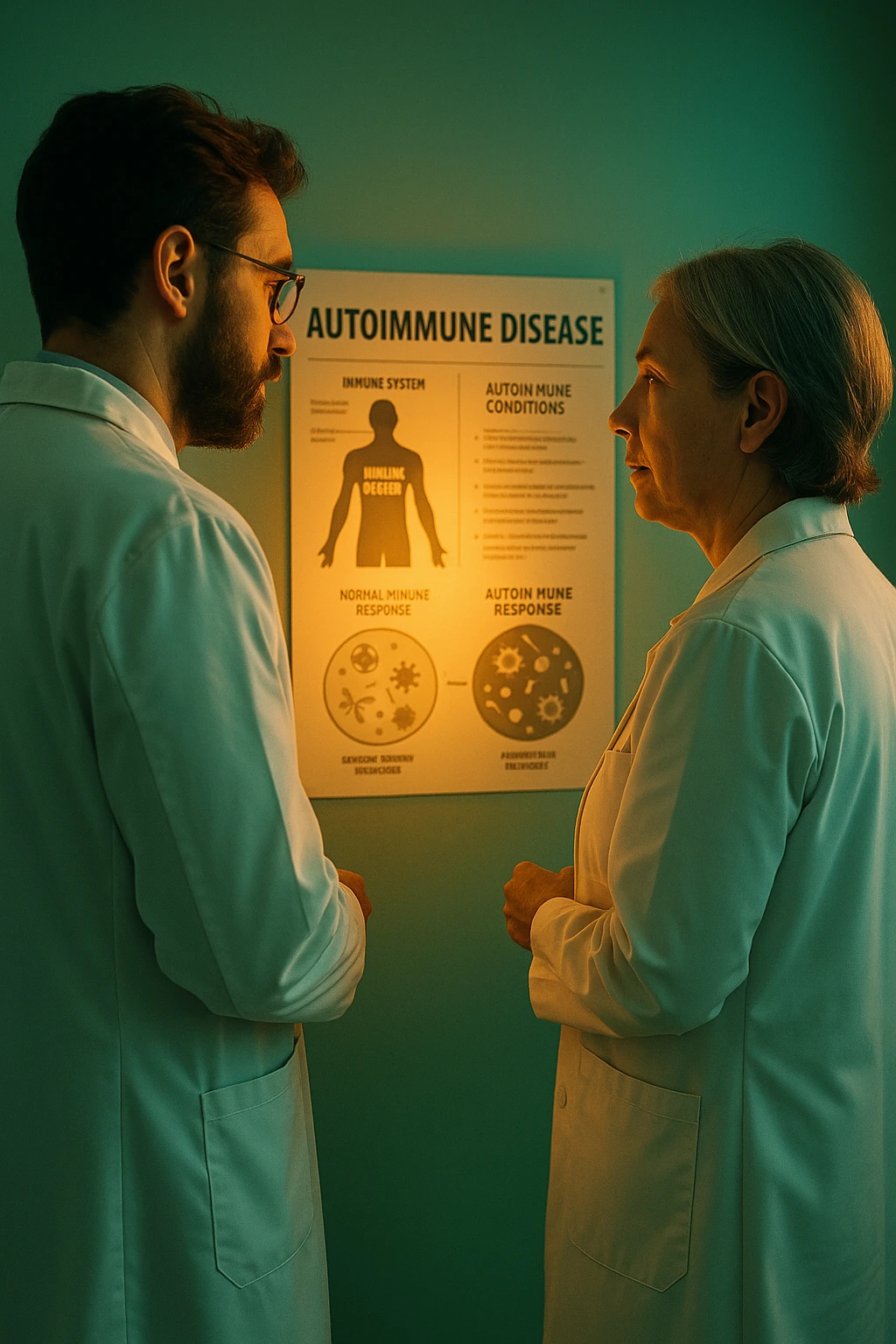 Realistic, detailed photo taken from behind of two doctors—a bearded man and a middle-aged woman—standing and facing each other as they discuss an autoimmune disease diagnosis in front of a medical chart that displays information about the immune system and autoimmune conditions. The scene is illuminated by a yellowish, orange, warm light that softly envelops the doctors. The entire room is bathed in a single green-blue color, creating a cohesive and modern atmosphere. Both doctors wear white coats, and their body language suggests a serious, professional conversation about the complexities of autoimmune diseases. Shot with a Canon EOS R5, with high detail and natural depth of field. emoji