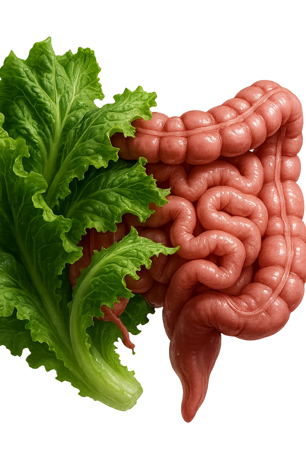 foglie di insalata che attaccano un intestino anatomico umano per distruggerlo, IPERREALISTICO 4K emoji