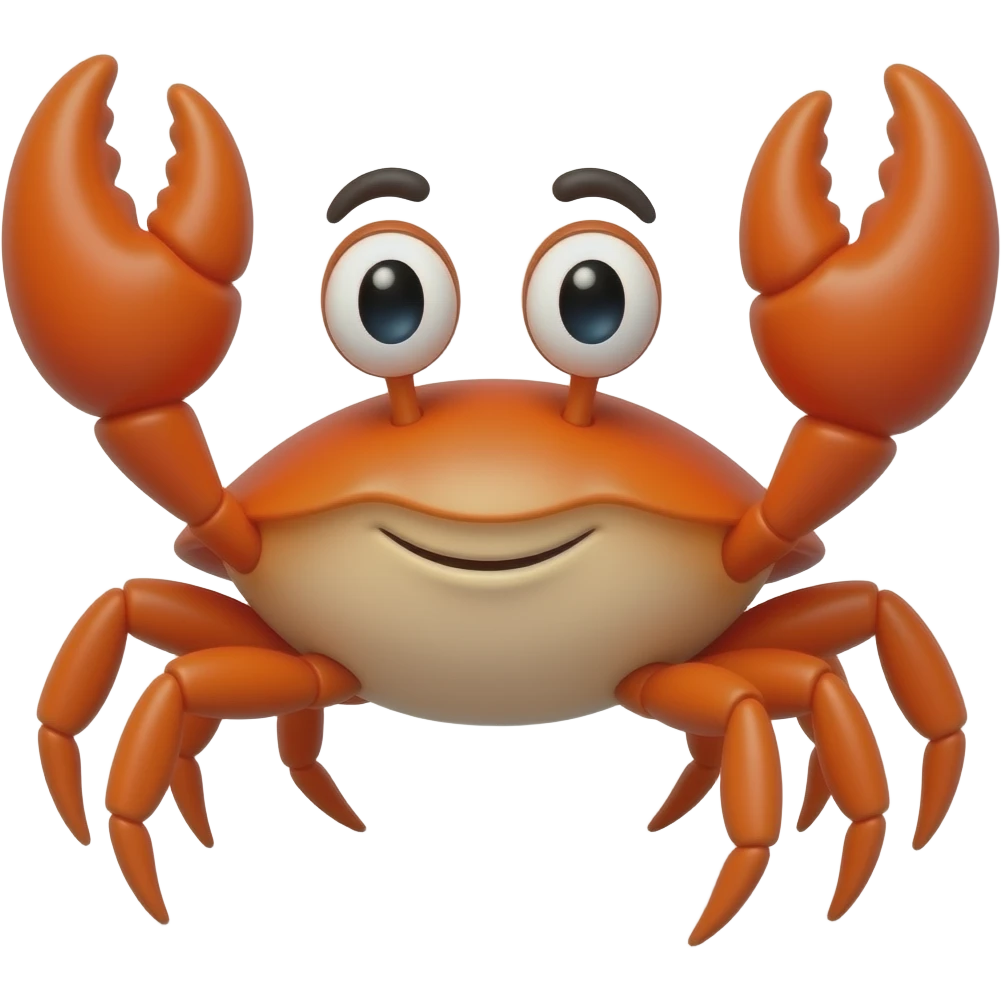 A friendly cartoon crab emoji, front-facing toward the viewer, with both claws raised symmetrically. walking sideways, Bright red-orange shell, large expressive eyes on stalks, clean rounded shapes, flat vector style, bold outlines, centered composition, transparent background. emoji