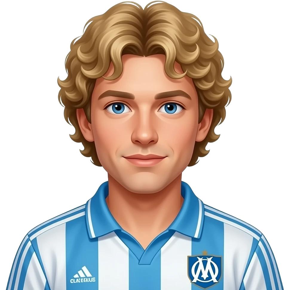 young Jean-Pierre Papin light blond curly short hair, vintage 90 olympique de marseille soccer jersey emoji