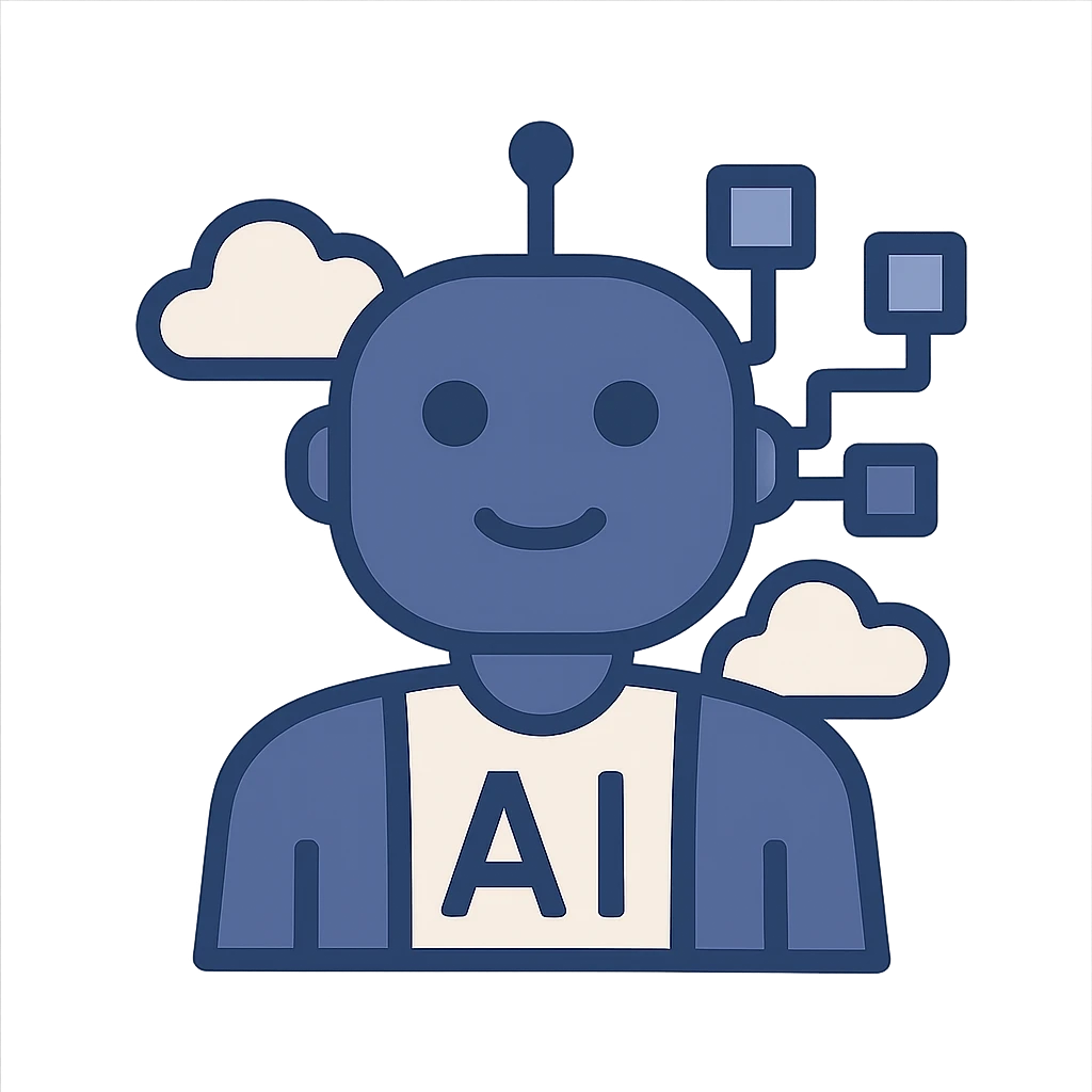 icon illustrating AI, stylized robot head with digital elements, flat blue style emoji