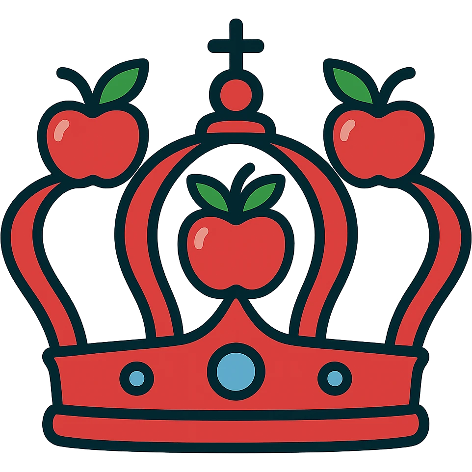 Increase the use of red in the classic royal crown, making the apples and crown band predominantly red, with green leaves for contrast, no background. emoji