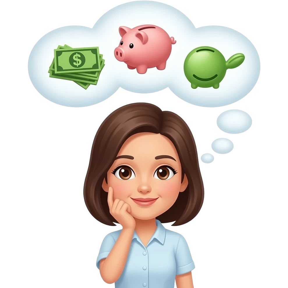 woman thinking about money goals bubble on head about money emoji