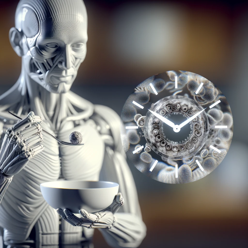corpo umano anatomico, che tiene in mano un piatto bianco con la lancette di un orologio sopra, figura visibile fino ai fianchi, espressione del volto soddisfatta, sullo sfondo la sua cucina sfocata, iperrealistico 4k emoji