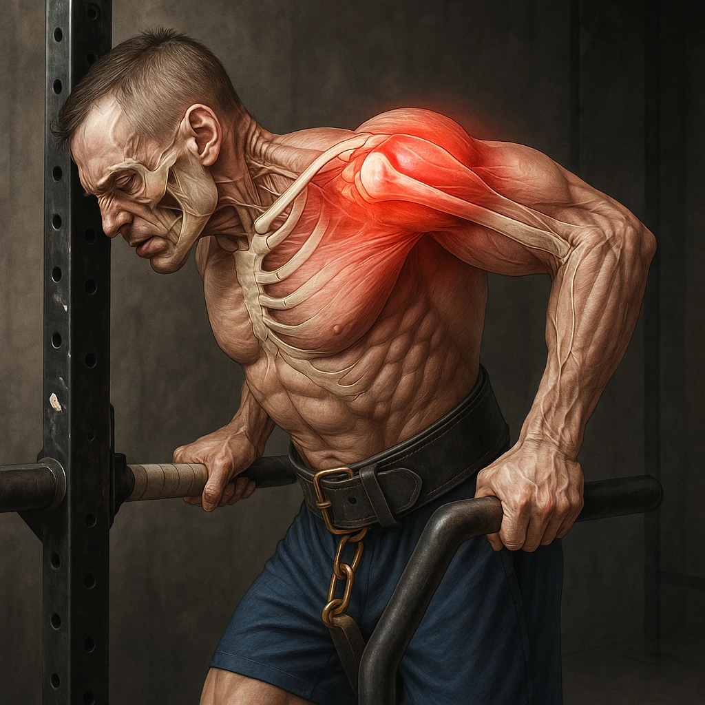 Hyperrealistic 4K anatomical illustration of a man performing a dip on parallel bars in a lateral position as in the reference image. Expression of discomfort, painful shoulder highlighted with a glowing red effect. Muscles and bones of the shoulder emphasized, gym atmosphere. Variant 4. emoji