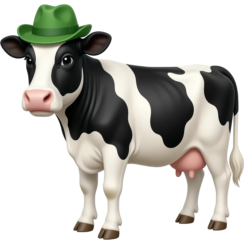 black and white cow front view wear a green hat with face close u emoji