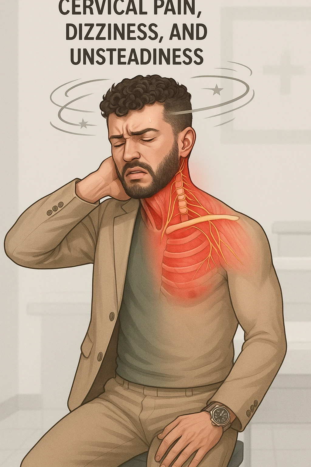 Uomo con dolore per infortunio vista anatomica in piedi con dolori cervicali vertigini e sbandamenti emoji