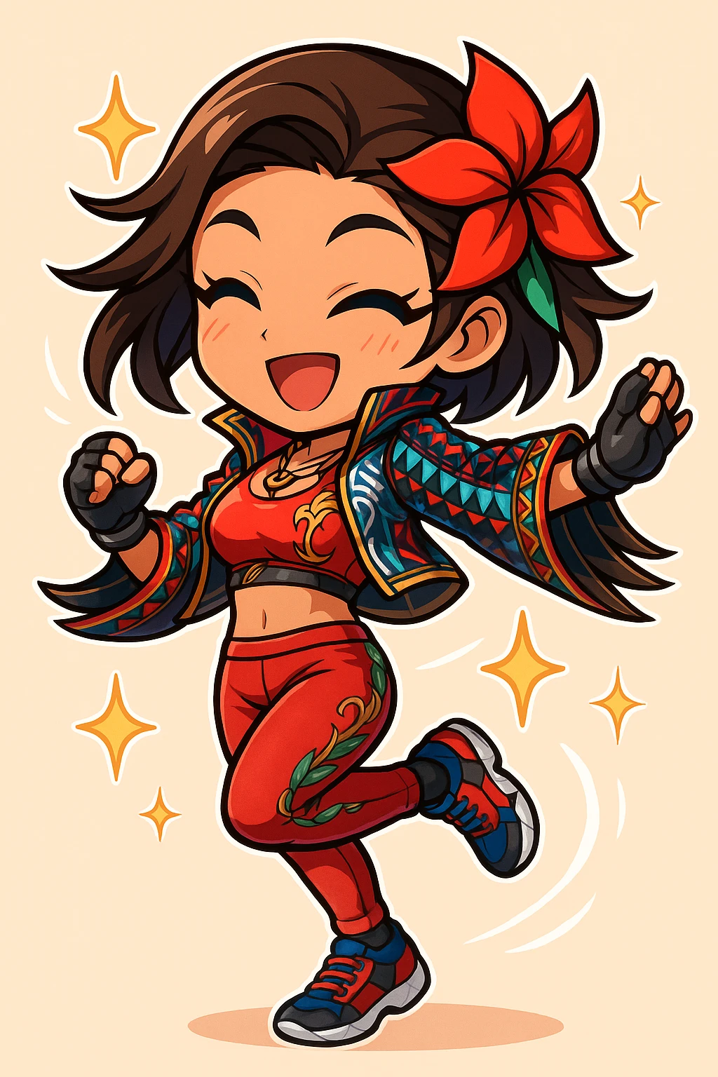 Azucena from Tekken 8 in chibi sticker style, spinning with sparkles, wearing the detailed red and patterned outfit from the reference images, designed for Twitch emote use. emoji