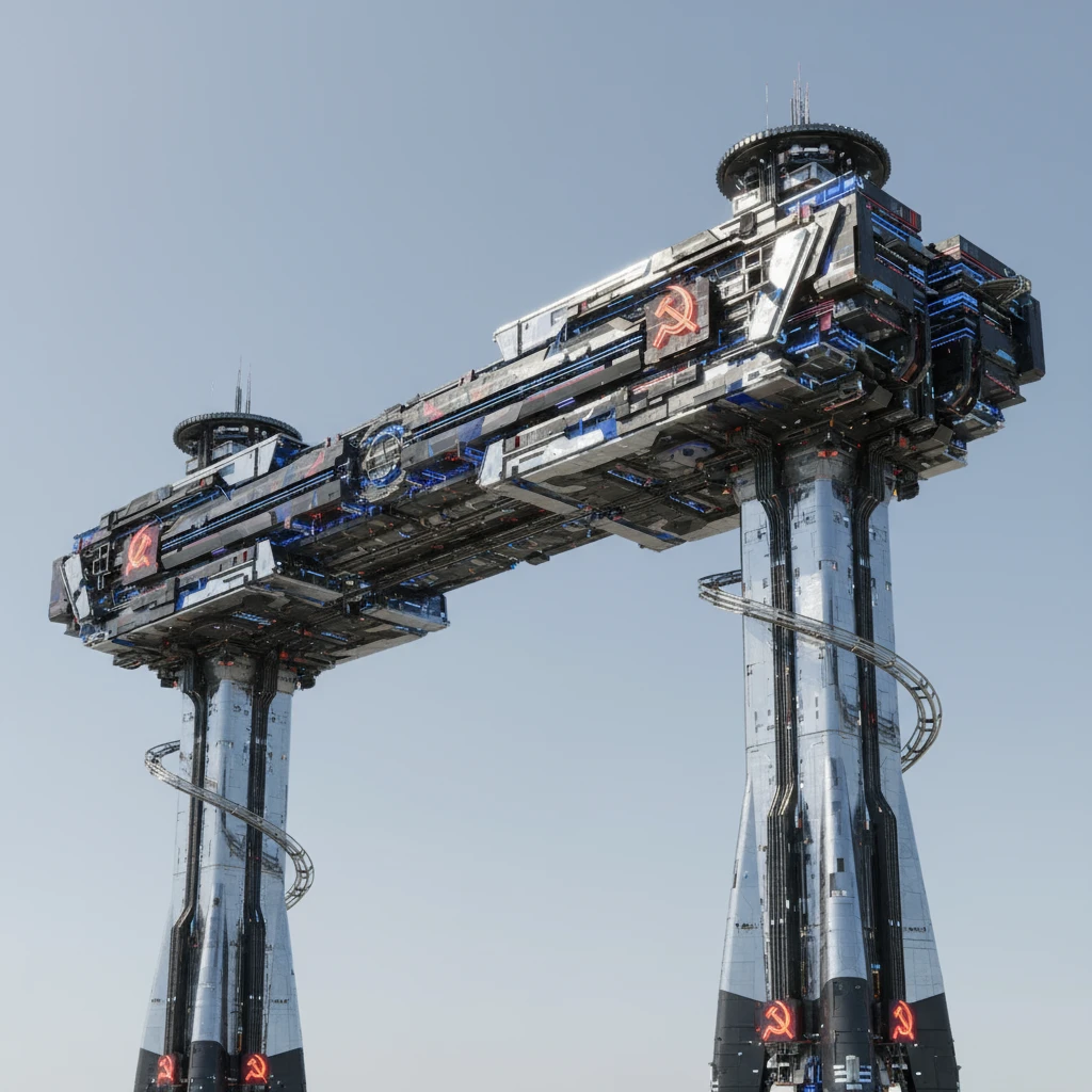 Небоскреб как будто из альтернативного СССР будущего. Два высоких небоскреба в основании, стоят далеко друг от друга, как. На них лежит огромный горизонтальный небоскреб, очень длинный в обе стороны.

Все остальное убери, облака не нужны. Фотореализм. Абсолютно прозрачный фон emoji