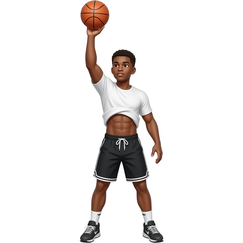 make a 20 year old man black skinned in a white really tight shirt where you can see his abs through his shirt and black shorts going up for a 3 pointer and you can see the ball swishing through the net emoji