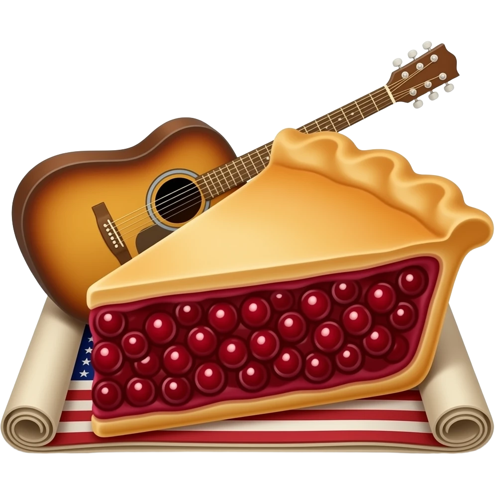 A guitar peeks out from a piece of cherry pie that is placed on a rolled-up old American flag. emoji