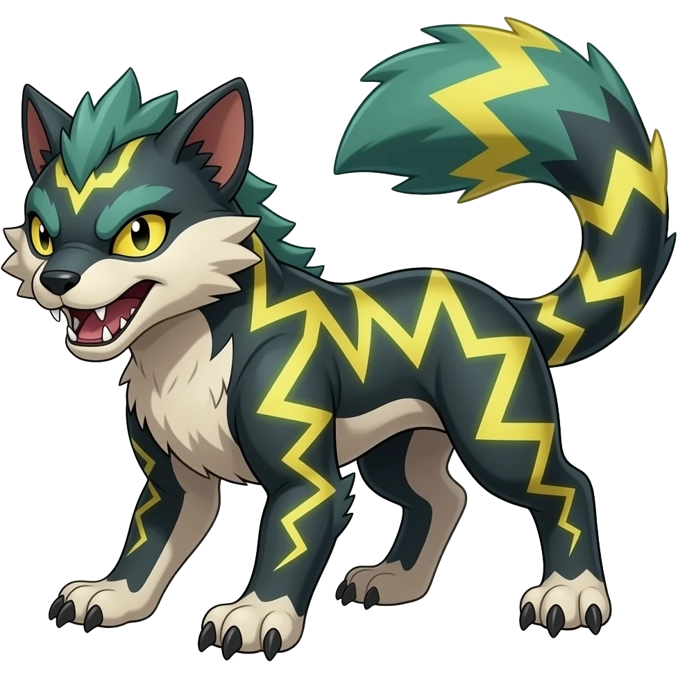 Feral quadrupedal Scaly Striking Slaying Badass Evil Handsome Lightning-patterned Zig-zagged buzzy fuzzy Meloetta-Renamon-Zeraora-Luxray-Cobalion-Absol-Vernid-fusion-hybrid-creature, full body emoji
