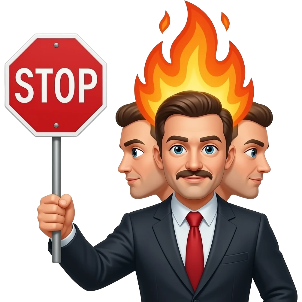 Man with 3 heads holding a stop sign while on fire emoji