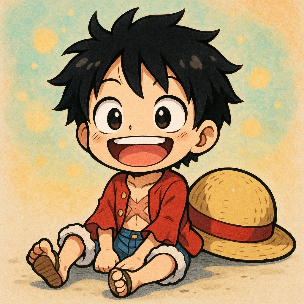 Luffy from One Piece, chibi style, sitting with his straw hat, cheerful expression, anime-inspired emoji