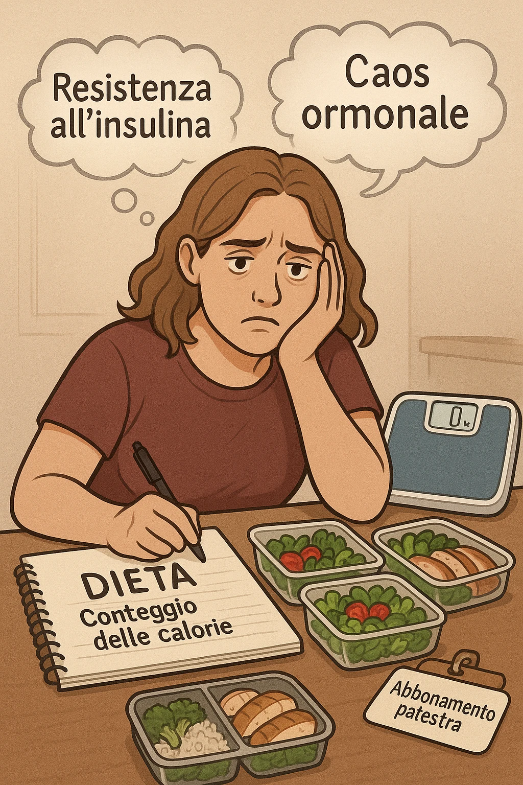 "Desperate woman with PCOS following standard calorie-counting diet, scale showing no weight loss despite strict adherence, expression of confusion and defeat, meal prep containers with healthy foods, insulin resistance making normal dieting ineffective, hormonal chaos overriding caloric deficit principles, gym membership unused due to lack of results scritte in italiano emoji