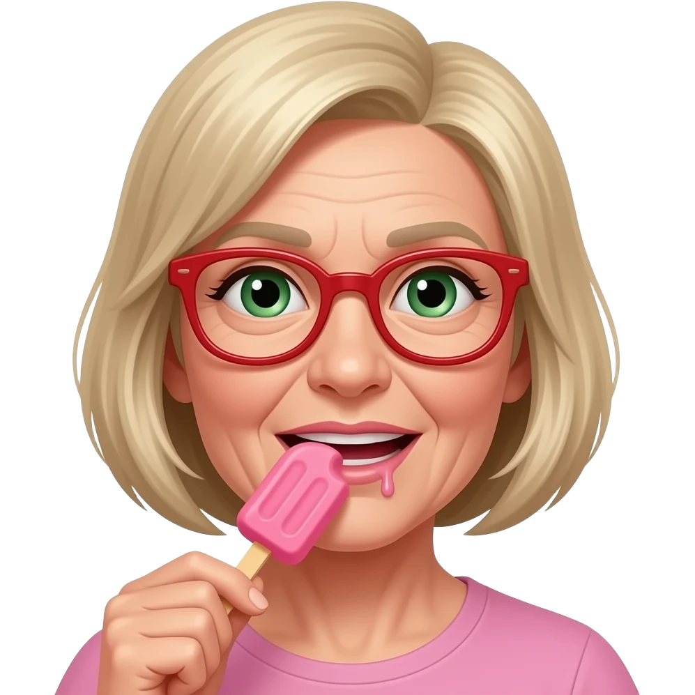 Gryzienie loda przez starszą  kobietę i szczuplejszej  twarzy na patyku w kolorze różowym językiem włosy blond zielone oczy i okulary w kolorze czerwonym, kapiąca ślina emoji