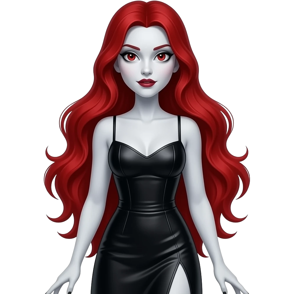 vampiro femmina con la pelle chiara e i capelli lunghi e rossi, un vestito stretto in vita e largo sotto che arriva ai piedi nero emoji