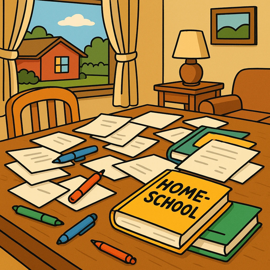 a table covered with lots of paper, pens, and homeschool books, cozy cartoon style emoji