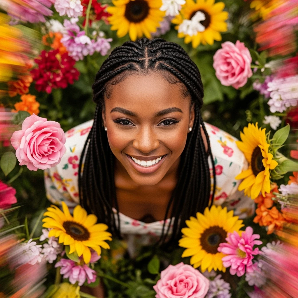Camera from top, extreme closeup photo of a beautiful woman surrounded by vibrant colorful flowers, cinematic lighting, 8K, highly detailed, sharp, strong depth (foreground, midground, background), motion blur effect emoji