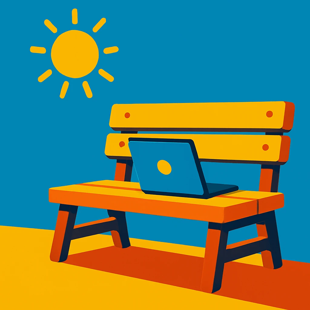 Reduce the background elements, keep the focus mainly on the bench, laptop, and sun. Use a vibrant toon illustration style with bright and lively colors, emphasizing clarity and vibrancy. emoji