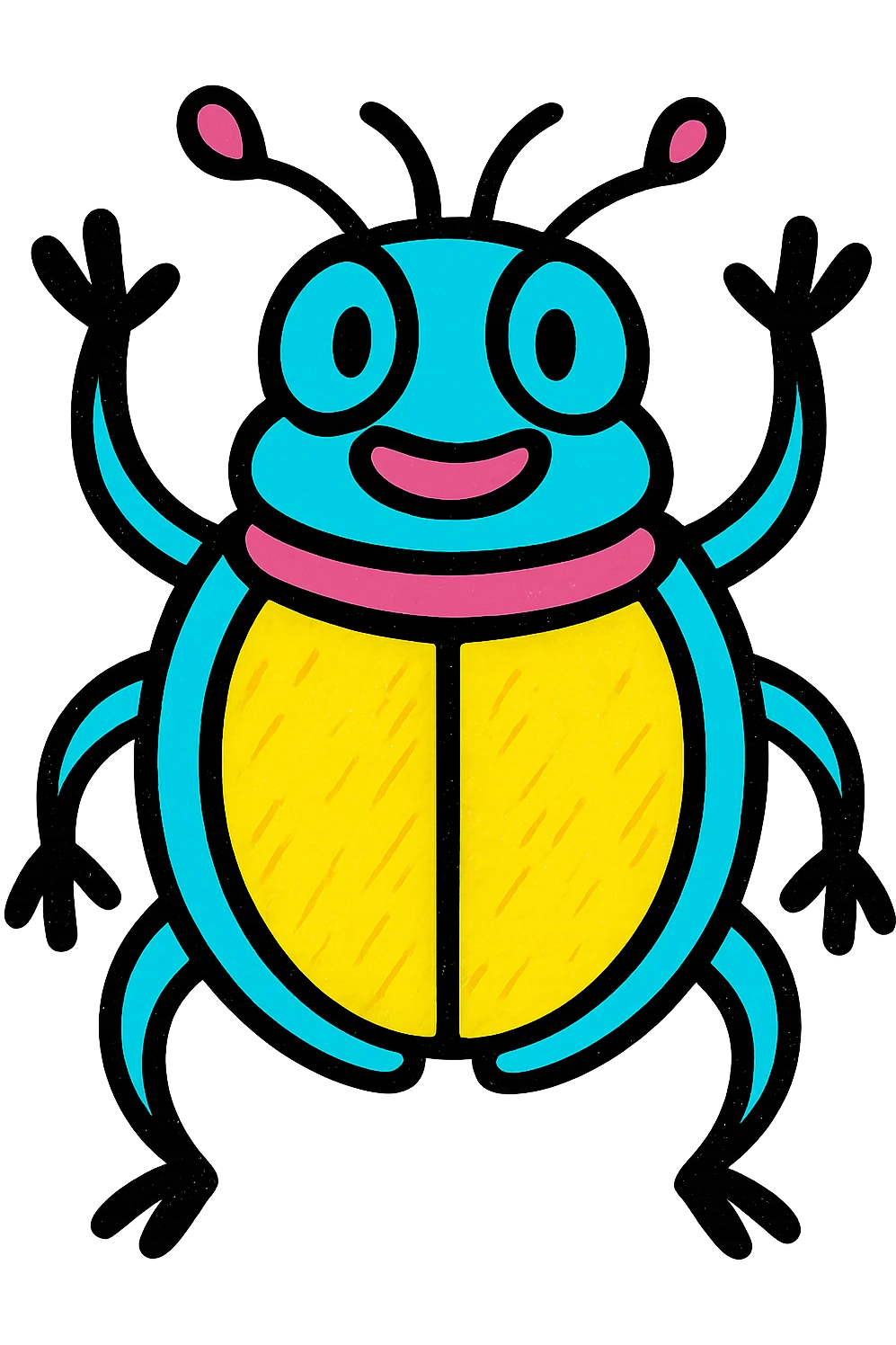 a blue beetle with a yellow body and black legs and arms, vibrant and playful emoji